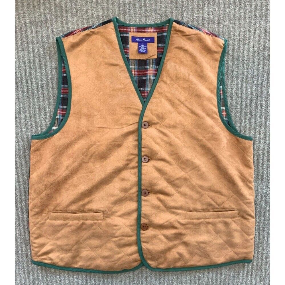 Alan Flusser Faux Suede Vest Mens L Plaid Button Vegan Gorpcore Quilted Preppy